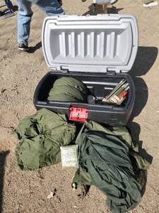 lot 177 image: Lot of Military items, Sleeping Bag, Tent and comes with rubbermaid Cooler