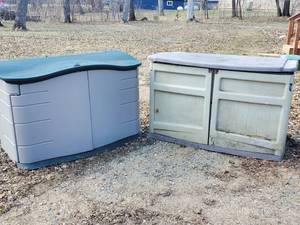 lot 181 image: 2 Large Heavy Duty Plastic Storage Sheds  One in perfect condition, other needs door repair NOTICE Buyer is responsible for Loading and Removal 