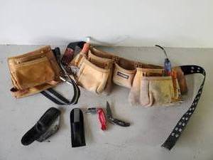 lot 191 image: Tool Belts with some Random Tools, Bear MGC Pocket Knife, Husky Box cutter, and More