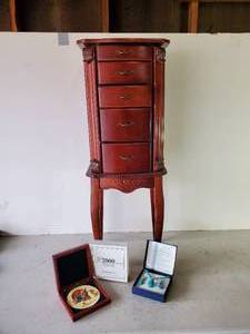 lot 192 image: Gorgeous Tall Jewelry Armoire Cabinet with some Misc Costume Jewelry, year 2000 Disney Pins, and Beautiful Turquoise Necklace & Earrings