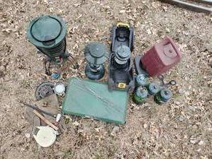 lot 199 image: Camping Lot  Coleman Propane Campstove, Small Propane Tanks, Coleman Lantern and case and More