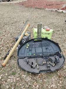 lot 200 image: Outdoor Sport Lot with Apex Camo Bow With Case and Arrows With Two Targets Fishing Rods-Case-and More