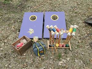 lot 201 image: Outdoor Game Lot  Bag Board, Bags in Vintage Dupont Dynamite Box, Croquet and Bocce Ball