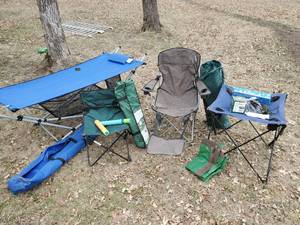 lot 202 image: Camping Lot lightly used Folding Hammock, Camp Chairs, Lounger, Folding  Canvas Table and more