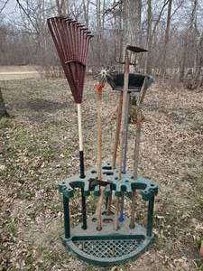 lot 203 image: Garden Accessory Lot with Stand Rakes Hoe Weed Roller and More