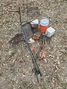 lot 204 image: 2 Iron over the Fire Cooking Grates, Gatorade Drink Cooler, HotDog Sticks, Power Cord and more
