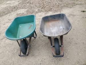 lot 211 image: 2 Wheel Barrows   One is Metal and in Good Condition other is Plastic and needs repair or for light use