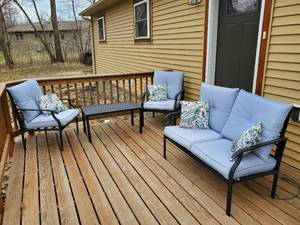lot 225 image: Deck Furniture with Cushions and Pillow Two Chairs Coffee Table and Love Seat NOTICE Buyer is responsible for Loading and Removal 