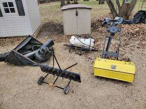 lot 223 image: John Deere Tiller, Fimco Sprayer, John Deere Blower Bagger and  other Accessories Sheds not included. NOTICE Buyer is responsible for Loading and Removal 