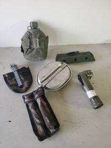 lot 229 image: Authentic Military Items Folding Shovel, Flashlight Canteen and More