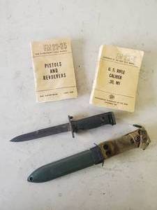 lot 231 image: Real Deal War Dept Field Manuals, And Military Bayonet with Sheath