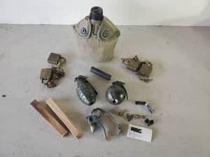 lot 236 image: Authentic Military Lot with Hollowed out Grenades, Canteen, U.S. Locks and More
