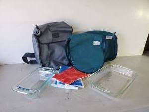 lot 249 image: Pyrex Baking Dish, Pyrex Glass Bread Pan,  with 2 Pyrex Warming Cases and 1 Pyrex chiller with Freezer Packs