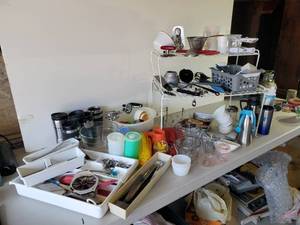 lot 254 image: LARGE Lot of KitchenWare Almost Everything you could need, Measuring Cups, Anchor Hocking, Animal themed Heavy duty Corn no the Cob Sticks, Vintage Wood Handle Utinsels and More