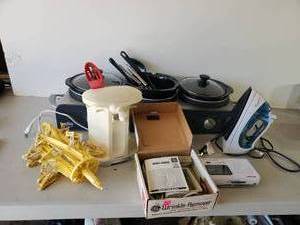lot 257 image: Bella Kitchen 3 Crock Slow Cookerbuffet Server Can opener, Iron, And More
