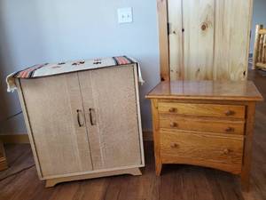 lot 260 image: 2 wooden Cabinetsside tables  one is a Lane Cedar Chest also Navajo rugtable runner NOTICE Buyer is responsible for Loading and Removal 
