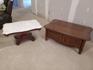 lot 278 image: 2 CoffeeSide Tables one with a Marble top Both in Solid condition NOTICE Buyer is responsible for Loading and Removal 