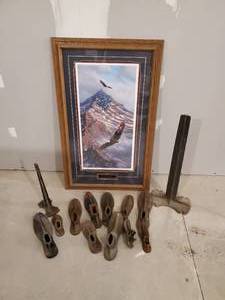 lot 284 image: Gorgeous On Freedoms Wing by Rick Kelley framed Print and Several Vintage Shoe forms and Stand of Various Sizes