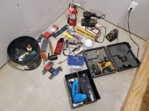 lot 291 image: Misc Lot of Tools Dewalt Cordless Drill with Charger - Working Craftsman Sander, Nail Gun like new, Fire Extinguisher and More