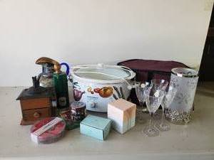 lot 293 image: Misc Lot with Vintage Coffee Grinder, Hamilton Beach Crock Pot, Gorgeous Painted Pitcher, Princess House Lead Crystal Wine Glasses and More