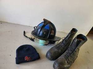 lot 297 image: FireFighter Helmet with ornate Eagle ornament, SP FD knit Hat, and Cold Weather Military Boots