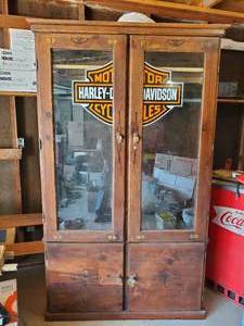lot 302 image: Large Antique Wooden Armoire with Class Front Lower Storage and Clothes Rod, In Solid Condition NOTICE Buyer is responsible for Loading and Removal 