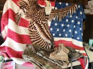 lot 307 image: LARGE Gorgeous EagleFlag Blanket With Military Items Jacket Boots Maglite and More