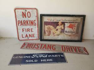 lot 316 image: Metal Signs Mustang, Ford, No Parking, and framed Mobilgas Advertising