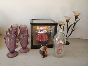 lot 322 image: Vintage Home Dairy Milk builds Great Athletes Glass milk Jar, Vintage German Madame Alexander Doll in Case, Purple Glass Glasses and more
