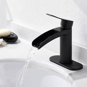 lot 27 image: Phiestina Matte Black Waterfall Bathroom Sink Faucet Single Handle, with 4 IN. Deck Plate and Metal Pop Up Drain Assembly Customer Returns See Pictures