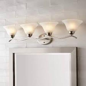 lot 29 image: Hampton Bay Andenne 34.3 in. 4-Light Transitional Brushed Nickel Bathroom Vanity Light Fixture with Marbleized Glass Shades    Customer Returns See Pictures