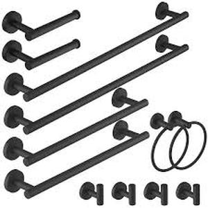 lot 32 image: HOMEMYSTIQUE 12-Piece Bath Hardware Set with Towel Ring Toilet Paper Holder Towel Hook Towel Bar Included Wall Mount in Matte Black     Customer Returns See Pictures