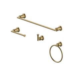 lot 41 image: Glacier Bay Oswell 4-Piece Bath Hardware Set with 24 in. Towel Bar, TP Holder, Towel Ring and Robe Hook in Matte Gold Customer Returns See Pictures