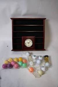 lot 88 image: Wooden Display Rack with Clock and Assorted Golf Balls and Tees