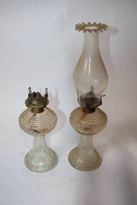 lot 97 image: Pair of Antique Glass Oil Lamps with Chimney and Burner