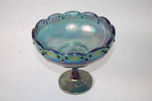 lot 99 image: Iridescent Blue Carnival Glass Compote Bowl