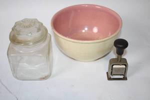 lot 103 image: Vintage Collection Ceramic Bowl, Glass Jar, and Roberts Numbering Machine