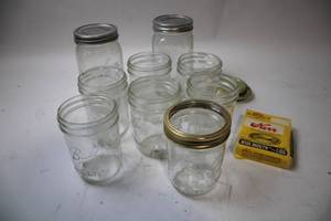 lot 127 image: Set of 8 Vintage Mason Jars with Lids and Original Wide Mouth Lids Box