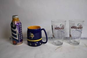 lot 242 image: Minnesota Vikings Mug and Scott Studwell Pint Glasses with Decorative Can