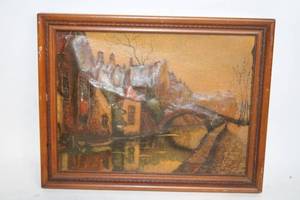 lot 260 image: Vintage Framed Oil Painting of European Canal Scene