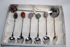 lot A-264 image: Set of 6 Vintage Silver-Plated Teaspoons with Gemstone Handles