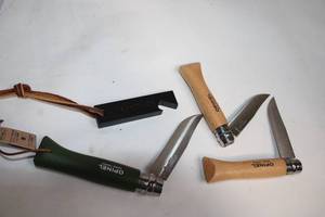 lot A-272 image: Set of 3 Opinel Folding Knives with Sheath and Sharpening Tool