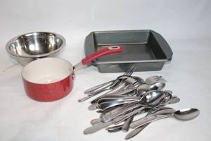 lot 311 image: Kitchen Cookware and Utensil Set including Pans and Cutlery