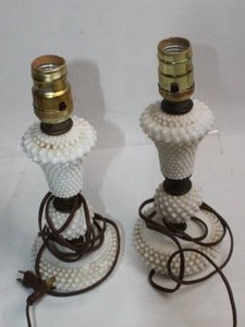 lot 478 image: Pair of Vintage Milk Glass Hobnail Table Lamps