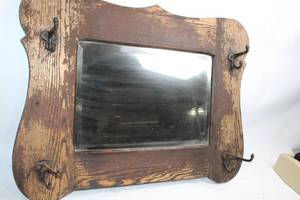 lot 492 image: Vintage Wooden Wall Mirror with Coat Hooks
