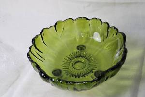 lot 244 image: Vintage Green Glass Bowl with Scalloped Edge