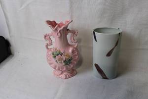 lot 245 image: Pair of Decorative Vases Pink Floral Ceramic and Abstract Cylinder