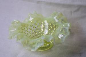 lot A-248 image: Vintage Vaseline Glass Hobnail Bowl with Ruffled Edge