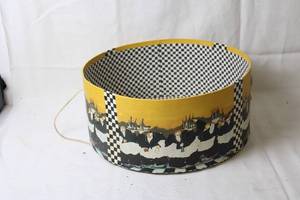 lot 295 image: Decorative Round Hat Box with Checkerboard and Wine Waiter Design