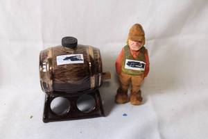 lot 302 image: Vintage Hand-Carved Wooden Figure and Decorative Barrel Set
